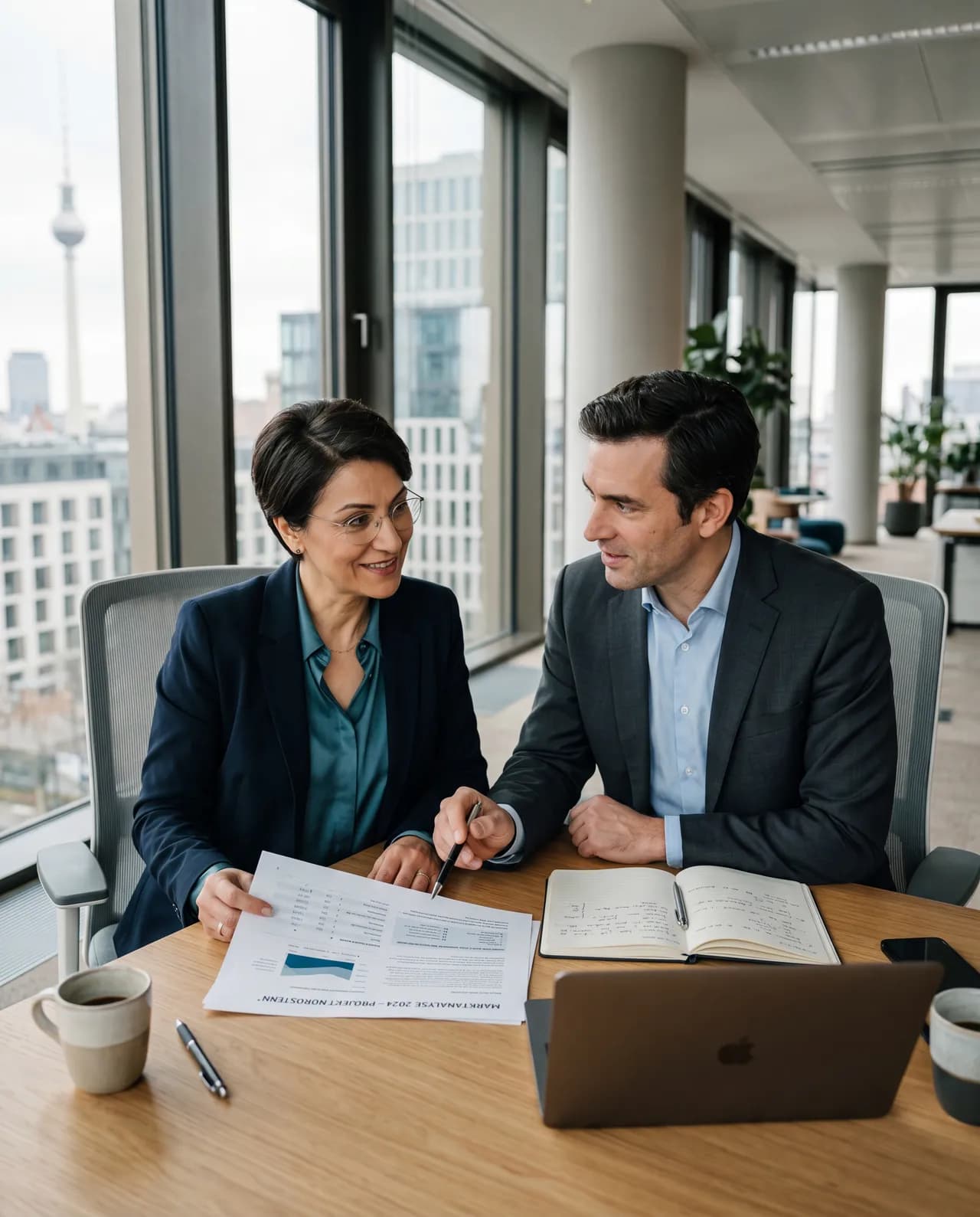 Zwei Beraterinnen und Berater von Corekontor besprechen Unterlagen