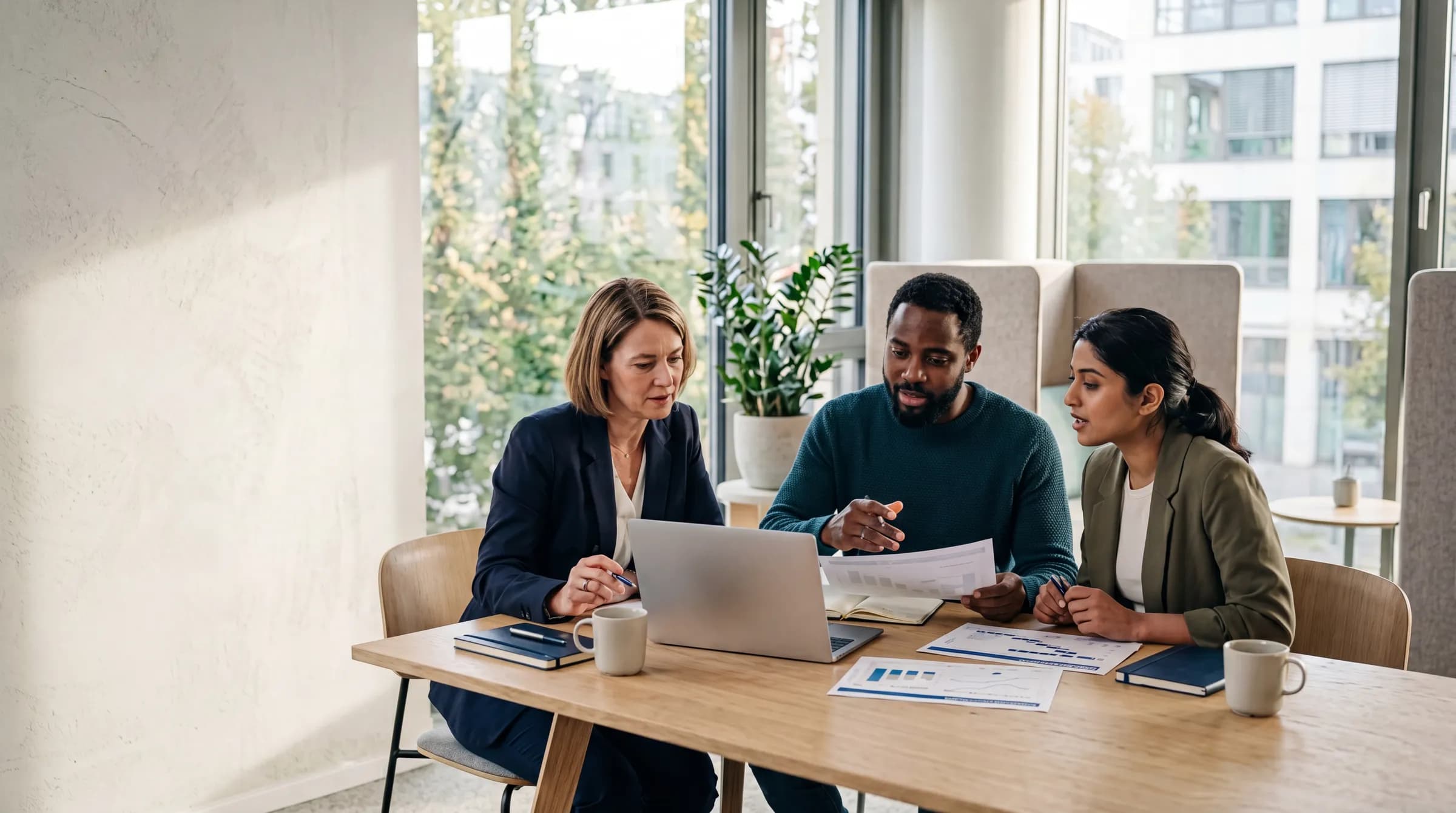 Beraterteam von Corekontor bei der Zusammenarbeit im modernen Büro
